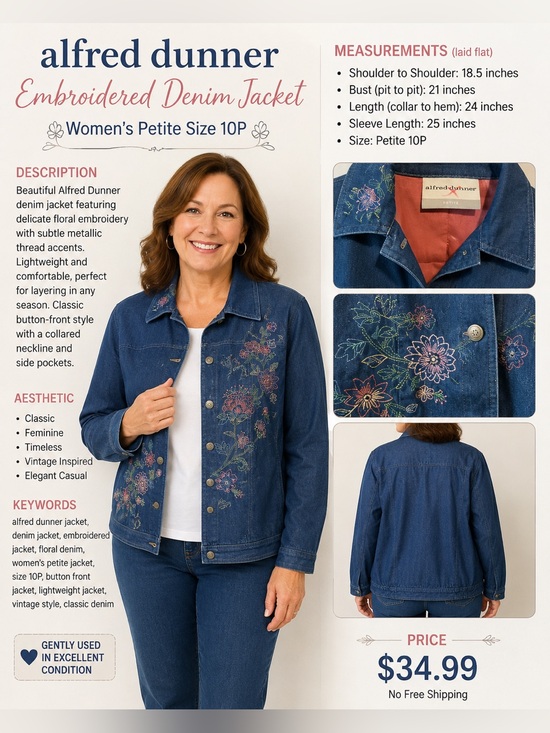 Alfred Dunner Jackets & Blazers - Alfred Dunner Navy Denim Jacket with Pink Floral Embroidery